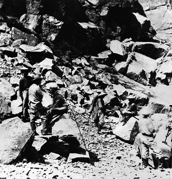CALIFORNIA: RAILROAD, c1865. Chinese laborers near the opening of the Summit Tunnel in California
