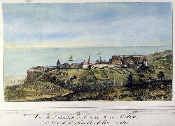 CALIFORNIA: RUSSIAN FORT. A view of the Russian establishment of Bodega (Fort Ross)