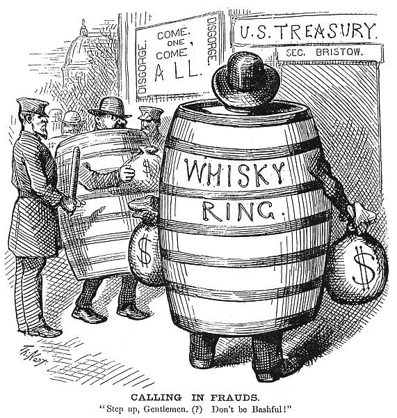 Calling In Frauds. American cartoon, 1875, by Thomas Nast hailing Secretary of the Treasury Benjamin Bristows vigorous prosecution of members of the Whisky Ring during the second term of President Ulysses S. Grant
