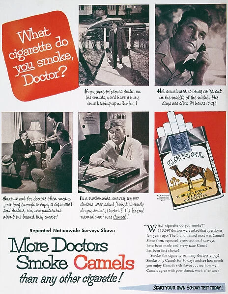 CAMEL CIGARETTE AD, 1946. More Doctors Smoke Camels than Any Other Cigarette : advertisement for Camel cigarettes from an American magazine