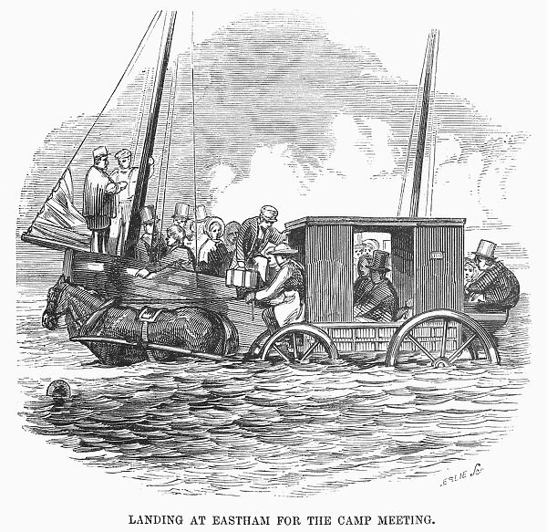CAMP MEETING, 1852. Disembarking at low tide at Eastham on Cape Cod, Massachusets, for a camp meeting. Wood engraving, American, 1852