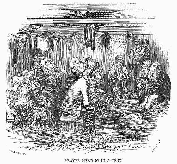 CAMP MEETING, 1852. Prayer meeting in a tent during a camp meeting at Eastham on Cape Cod, Massachusetts. Wood engraving, American, 1852