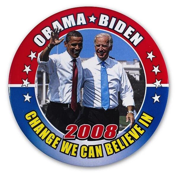 Campaign button for Democratic presidential and vice presidential candidates Barack Obama (left) and Joseph Biden, 2008