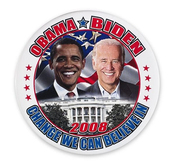 Campaign button for Democratic presidential and vice presidential candidates Barack Obama (left) and Joseph Biden, 2008