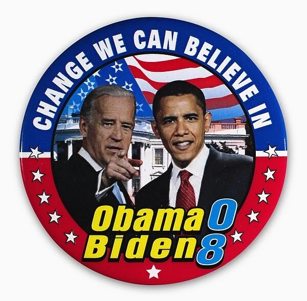 Campaign button for Democratic presidential and vice presidential candidates Barack Obama (right) and Joseph Biden, 2008
