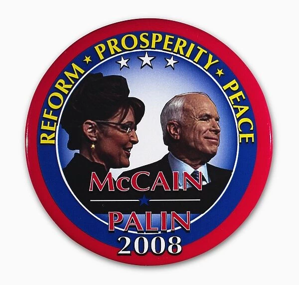 Campaign button for Republican presidential and vice presidential candidates John McCain (right) and Sarah Palin, 2008