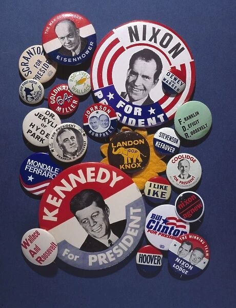 CAMPAIGN BUTTONS. An assortment of buttons from 20th century American presidential campaigns