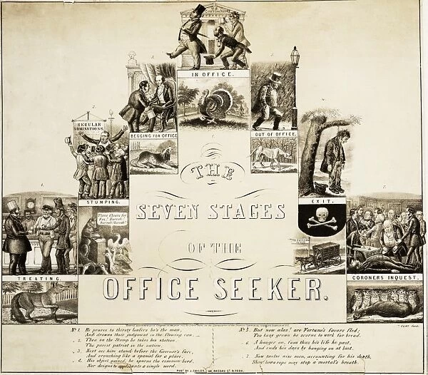 CAMPAIGN CARTOON, 1852. The Seven Stages of the Office Seeker. Cartoon satirizing the patronage
