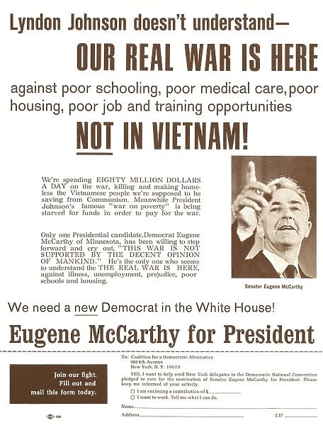 Campaign flyer supporting the candidacy of Senator Eugene McCarthy of Minnesota for the Democratic partys presidential nomination in 1968, distributed by the Coalition for a Democratic Alternative in New York City