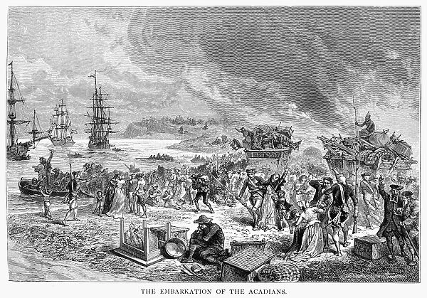 CANADA: ACADIAN, 1755. The expulsion of the French settlers of Acadia by the British in 1755. Wood engraving, 19th century