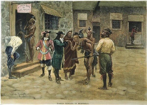 CANADA: FUR TRADE. Native Americans and voyageurs in 17th century Montreal. Color engraving, 1891, after Frederic Remington