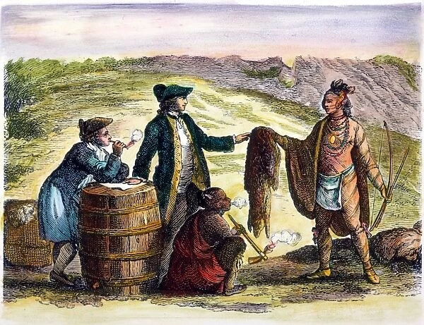 CANADA: FUR TRADERS, 1777. Fur traders and Native Americans. Line engraving after a detail from Gauthier and Fadens Map of Canada, 1777