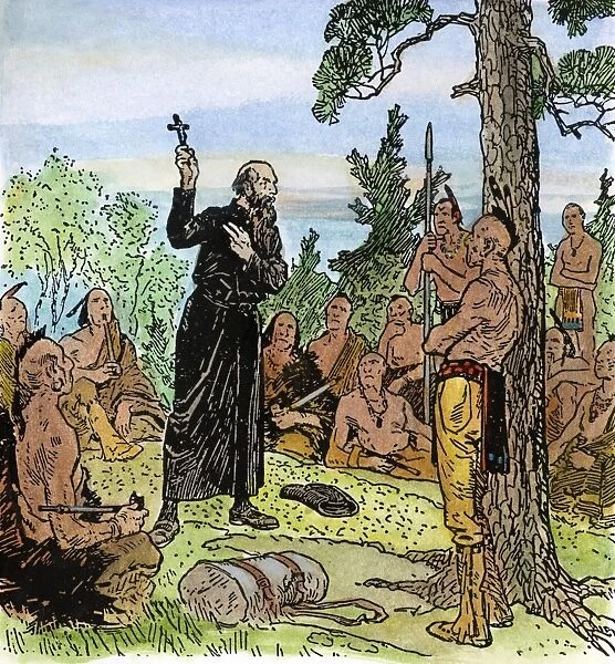 CANADA: JESUIT MISSIONARY. A Jesuit missionary preaching to the Native Americans
