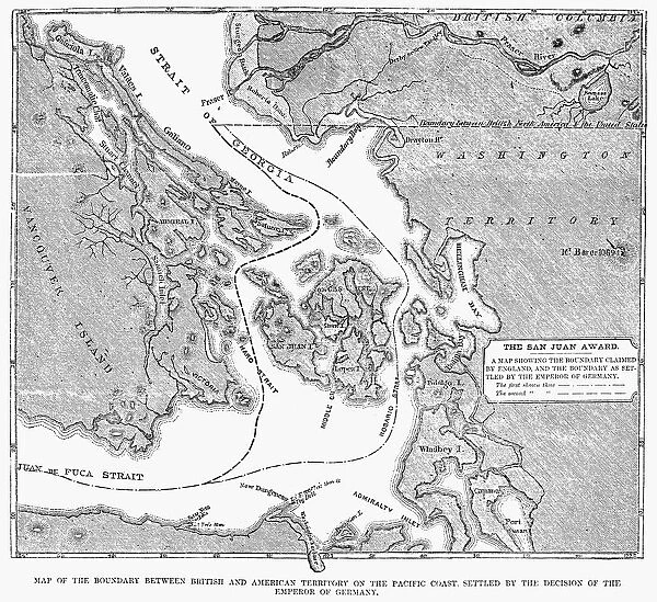 CANADA: MAP, 1872. Map of the boundary between British and American territory on the Pacific coast, settled by the decision of the Emperor of Germany by arbitration in 1872, which gave the disputed San Juan Island to the United States. Wood engraving, American, 1872