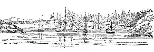 CANADA: VANCOUVER, 1791. The ships of George Vancouver and Spanish explorers at Friendly Cove