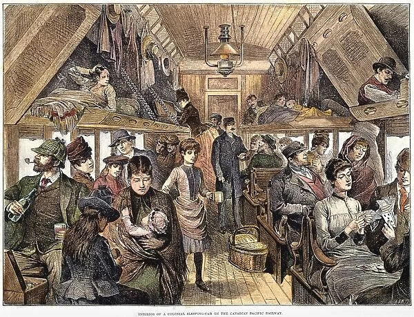 CANADIAN RAILROAD, 1888. Interior of a sleeping-car on the Canadian Pacific Railway: wood engraving, English, 1888