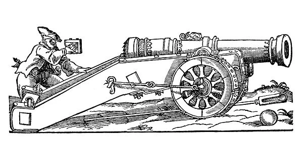 CANNON, 16th CENTURY. Sighting a cannon in the 16th century: contemporary woodcut