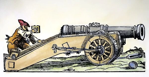 CANNON, 16th CENTURY. Sighting a cannon in the 16th century. Contemporary woodcut