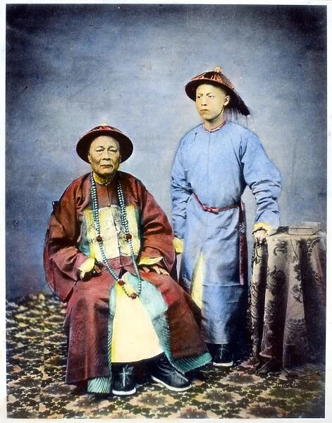 CANTONESE MANDARIN & SON. Cantonese Mandarin father and son. Oil over a photograph, 1861-64, by M