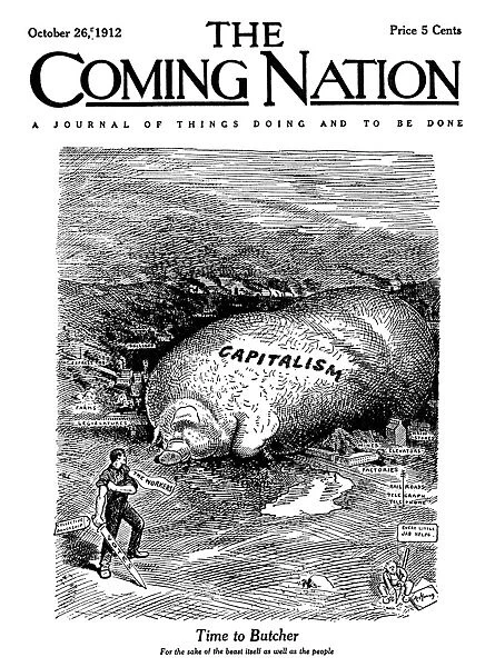 CAPITALISM CARTOON, 1912. Capitalism depicted as a helpless hog, a Socialist cartoon