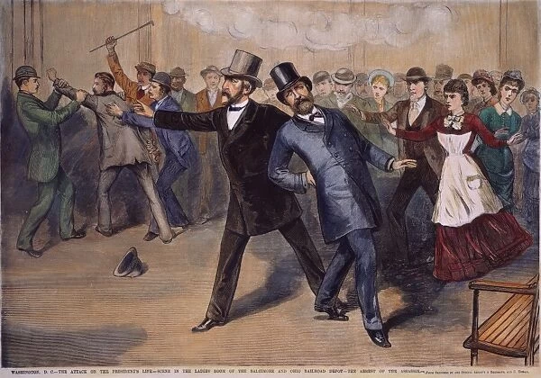 The capture of Charles J. Guiteau after the shooting of President James A. Garfield in the old Baltimore & Potomac R. R. station in Washington, D. C. on 2 July 1881: supporting the President is Secretary of State James G. Blaine: contemporary wood engraving