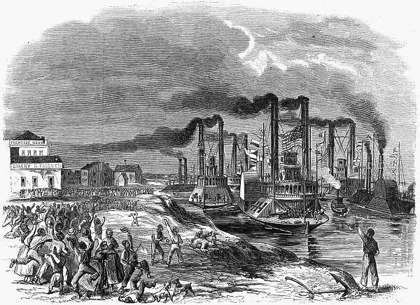 CAPTURE OF VICKSBURG, 1863. The capture of Vicksburg, Mississippi, by Union forces during the Civil War. Admiral David Dixon Porters fleet arrives at the levee on 4 July 1863. Contemporary American wood engraving