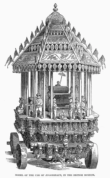 CAR OF JUGGERNAUT, 1846. Model, in the British Museum, of the huge chariot used in the Ratha Yatra procession at the Jagannath Temple in Puri, India. Wood engraving, English, 1846