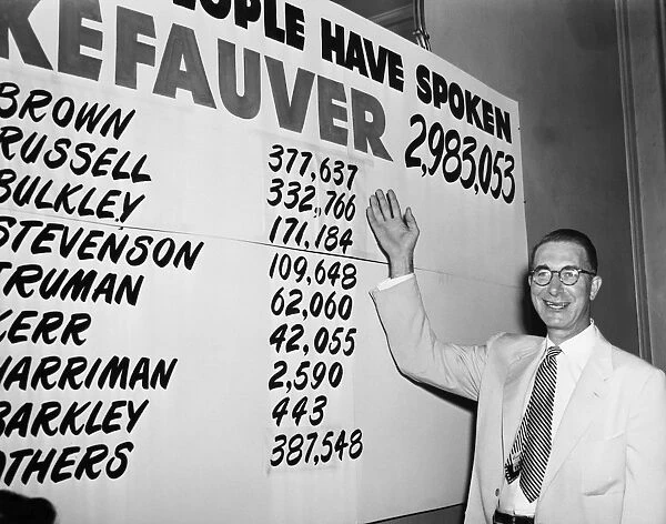 CAREY ESTES KEFAUVER (1903-1963). American Democratic politician. Kefauver happily displaying a sign showing that he won the Democratic presidential primary election in South Dakota, during his campaign in June, 1952