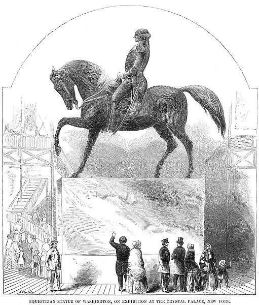 Carlo Marcochettis equestrian statue of George Washington on display at the Crystal Palace, New York, during the Exhibition of the Industry of All Nations, 1853. Wood engraving from a contemporary American newspaper