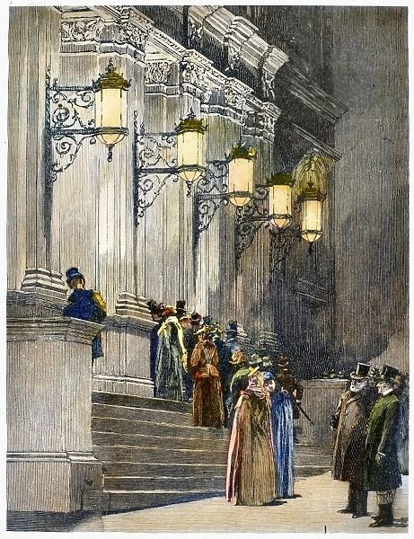CARNEGIE HALL, 1891. The 57th Street entrance of Carnegie Hall in New York City at its opening in May 1891. Contemporary American line engraving