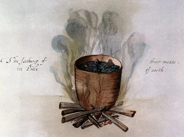 Carolina Native American cook pot. Watercolor, c1585, by John White