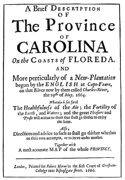 CAROLINA PAMPHLET, 1666. Title-page of A Brief Description of the Province of Carolina