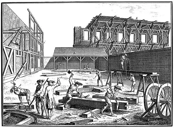 CARPENTERS, 18th CENTURY. Carpenters sawing timbers (a), chiseling mortises (b), squaring joints (c), and trimming beams (d). Copper engraving, 18th century
