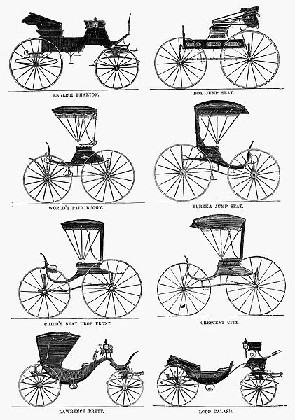 CARRIAGE TYPES, c1860. Horse carriage types manufactured by G. & D. Cook & Company, New Haven, Connecticut. Wood engraving, c1860