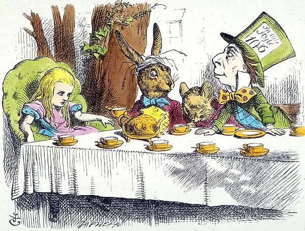 CARROLL: ALICE, 1865. Alice joins the March Hare, the Hatter, and the Dormouse for a Mad Tea Party. Wood engraving after Sir John Tenniel from the first edition of Lewis Carrolls Alices Adventures in Wonderland, 1865