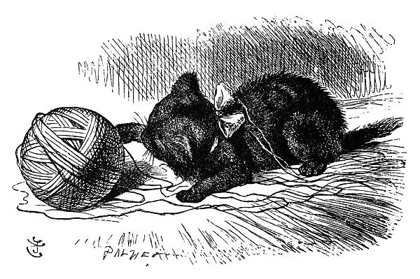 CARROLL: LOOKING GLASS. Alices kitten, Dinah, playing with a ball of yarn. Wood engraving after Sir John Tenniel for the first edition of Lewis Carrolls Through the Looking Glass, 1872
