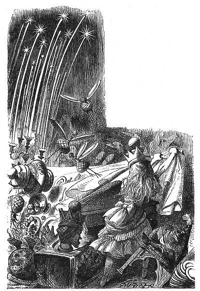 CARROLL: LOOKING GLASS. Queen Alice pulling the tablecloth out from a feast. Wood engraving after Sir John Tenniel for the first edition of Lewis Carrolls Through the Looking Glass, 1872