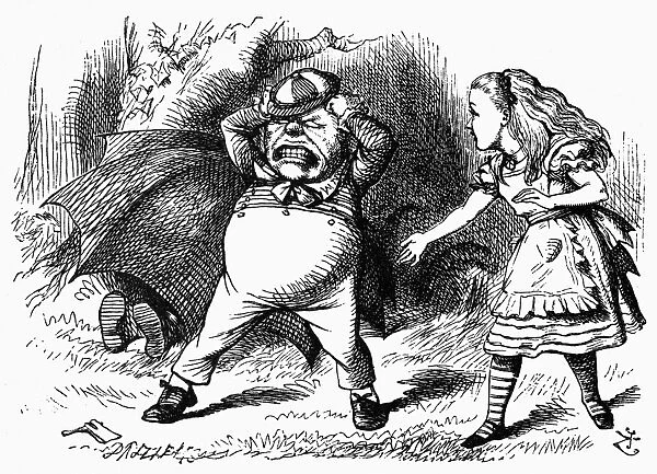 CARROLL: LOOKING GLASS. Tweedledum throwing a tantrum over a broken rattle while Tweedledee tries to hide in an umbrella. Wood engraving after Sir John Tenniel for the first edition of Lewis Carrolls Through the Looking Glass, 1872