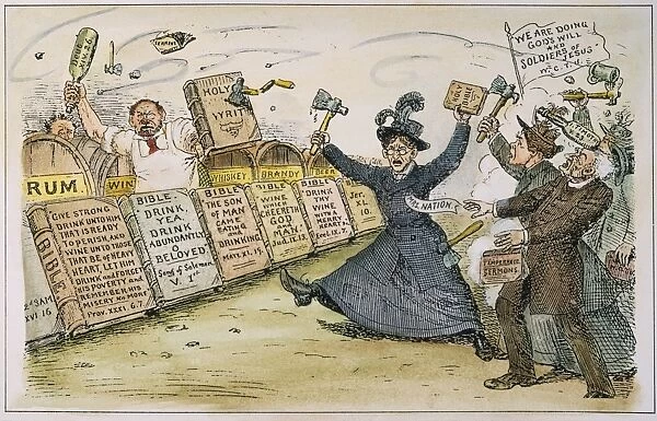 Carry Nation in a pitched battle over temperance with a bartender, each side using passages from the Bible. American newspaper cartoon, 1901
