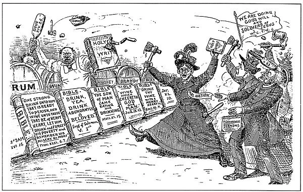 Carry Nation in a pitched battle over temperance with a bartender, each side using passages from the Bible. American newspaper cartoon, 1901