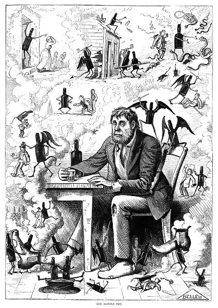 CARTOON: ALCOHOLISM, 1874. The Bottle Imp. Cartoon by Frank Bellew, 1874