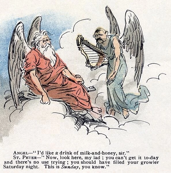 CARTOON: BLUE LAWS, 1895. Angel- I d like a drink of milk-and-honey, sir. St