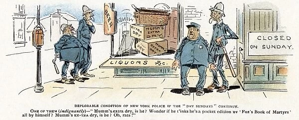 CARTOON: BLUE LAWS, 1895. Deplorable Condition of New York Police if the Dry Sundays Continue