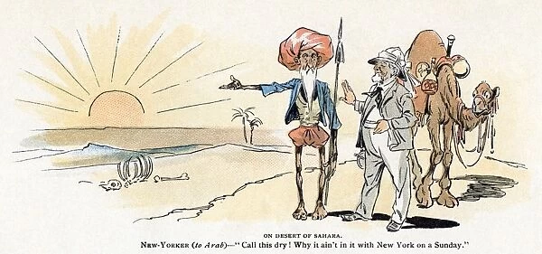 CARTOON: BLUE LAWS, 1895. On Desert of Sahara. New Yorker (to Arab)- Call this dry