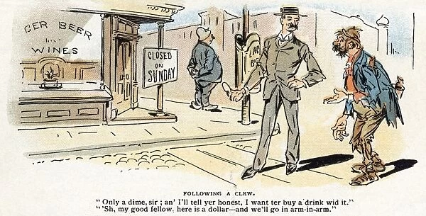 CARTOON: BLUE LAWS, 1895. Following a clew. Only a dime, sir; an I ll tell yer honest