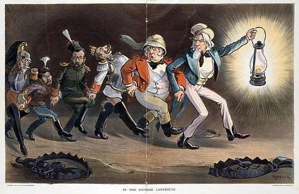 CARTOON: BOXER REBELLION. In the Chinese Labyrinth. Cartoon showing Uncle Sam