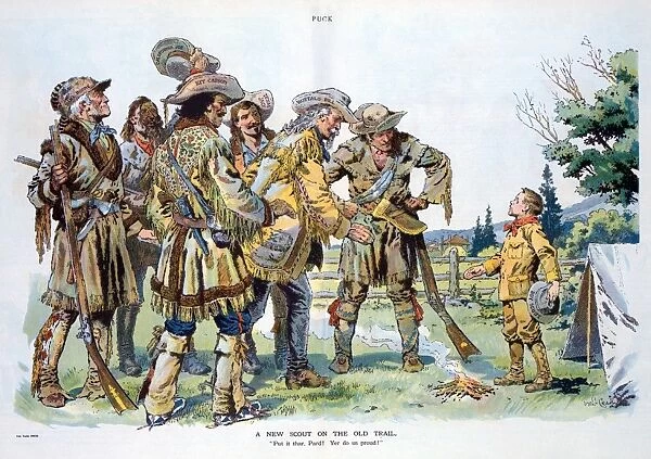 CARTOON: BOY SCOUTS, 1912. A new scout on the old trail - Put it thar, Pard! Yer do us proud