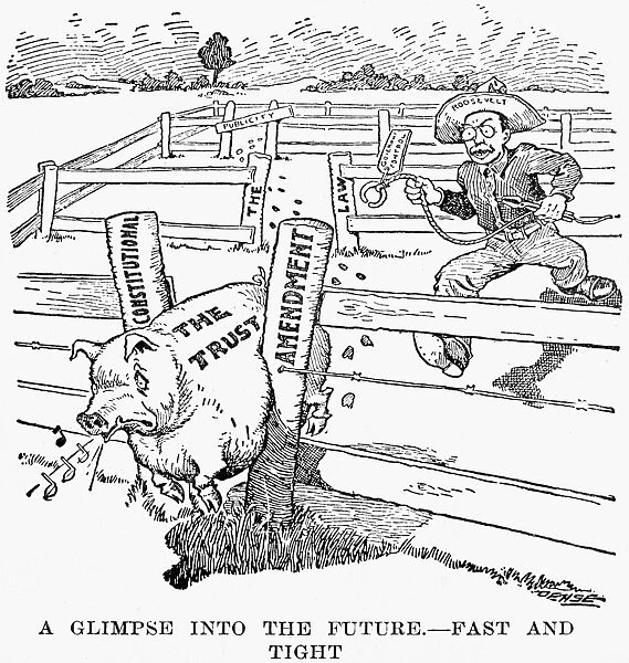 Cartoon, c1906, from the St. Paul Pioneer Press on President Theodore Roosevelts efforts to regulate the trusts by government control