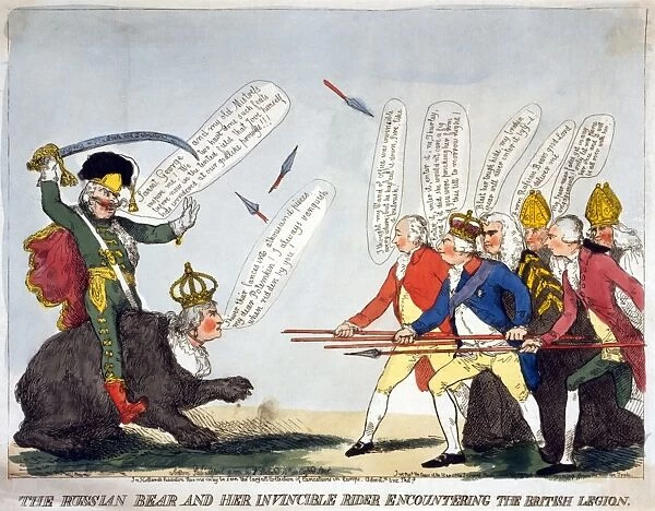 CARTOON: CATHERINE II. The Russian bear and her invincible rider encountering the British legion
