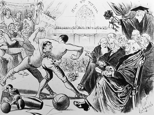 CARTOON: COLLEGE ATHLETICS. Soc Et Tuum. American cartoon, 1896, by Louis Dalrymple, spoofing the rage for college athletics